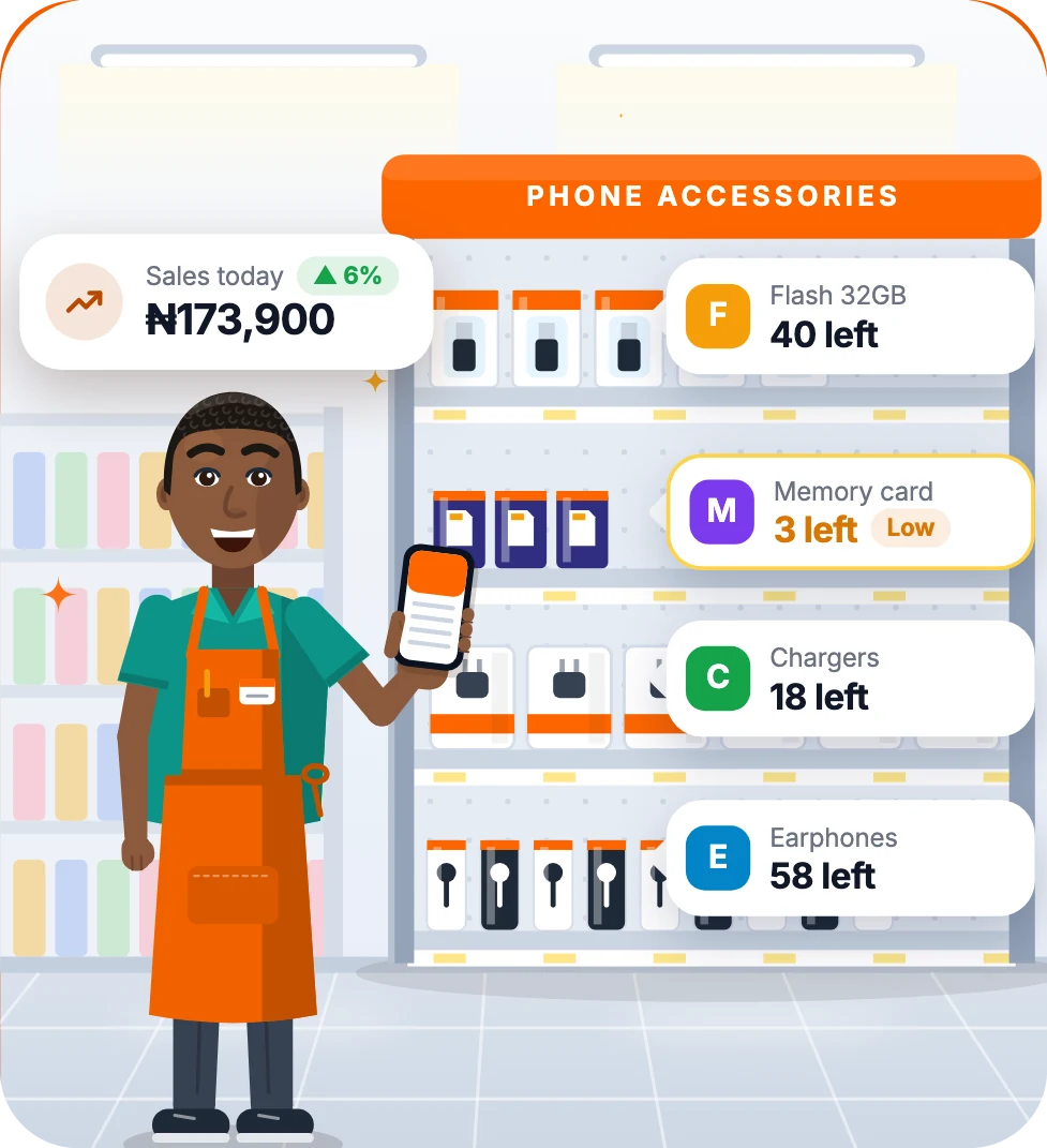 A member of staff at the phone-accessories shelves, with today's sales and the stock on their phone